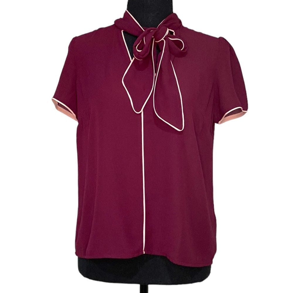 Wine Red and Pink Short Sleeved Blouse with Neck-Tie from Forever 21